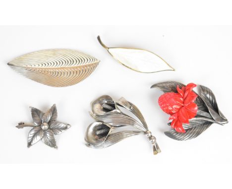 David Andersen Norwegian silver brooch in the form of a leaf set with white enamel, N.E. From Danish silver brooch, Danish si
