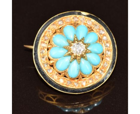 Victorian brooch set with an old cut diamond surrounded by turquoise cabochons, further surrounded by rose cut diamonds withi