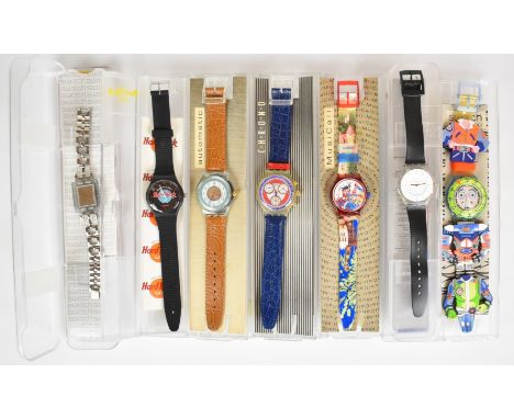 Seven Swatch wristwatches including MusiCall Dudelsack SLR101, Scuba 200, Be Found SUBM102, Chrono, Automatic etc, all in ori