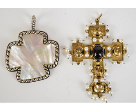 A gilt cross set with topaz, a garnet and pearls by Percossi Papi and a silver cross set with mother of pearl