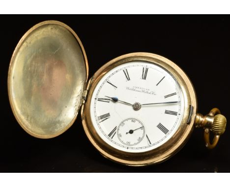 Waltham gold plated keyless winding full hunter pocket watch&nbsp;with subsidiary seconds dial, blued hands, black Roman nume