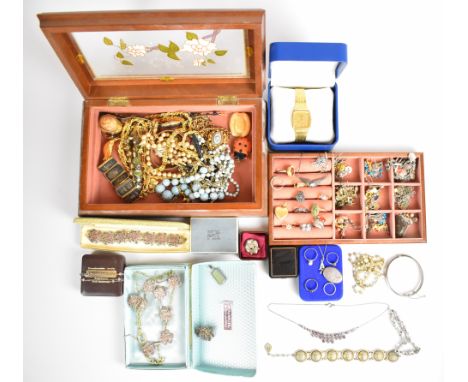 A collection of jewellery including filigree bracelet, brooch and necklace, Rotary watch, Wedgwood pendant and silver includi