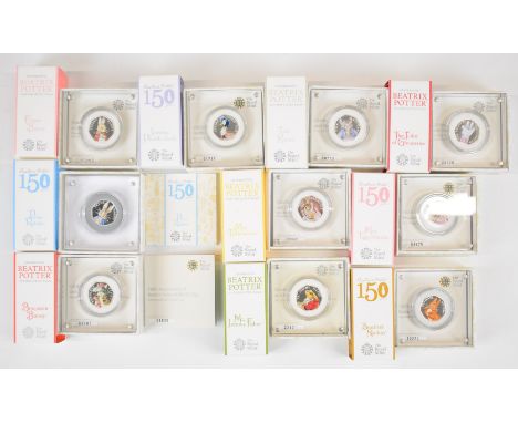 Ten Royal Mint Beatrix Potter limited edition silver proof 50 pence coins, comprising 2016 Squirrel Nutkin, Mrs Tiggy-Winkle 