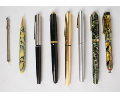 Six various fountain pens including Parker Duofold, Conway Stewart 58, Sheaffer etc together with a similar propelling pencil
