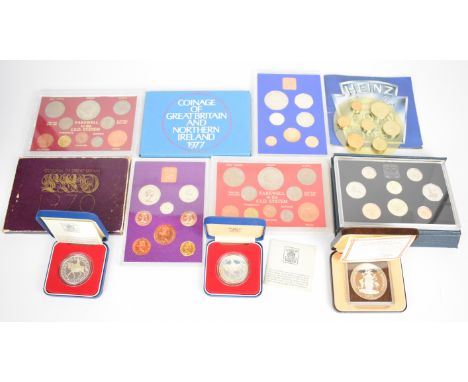 Two Royal Mint 1977 proof silver crowns, 1978 Bahamas proof silver $10 coin and six British coin sets comprising 1986, 1983, 