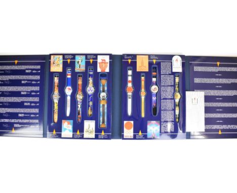 Swatch Historical Olympic Games Collection Atlanta 1996 with nine watches comprising Atlanta 1996, Seoul 1988, Moscow 1980, T