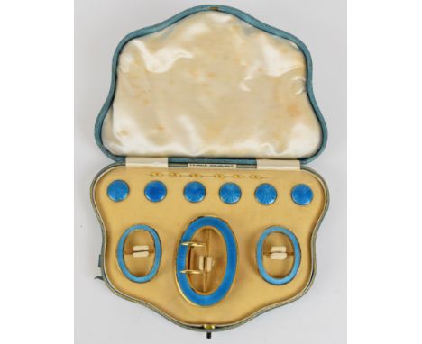 Silver gilt belt buckle and buttons in original fitted box 'T.W.Long &amp; Co' set with blue guilloche enamel, Birmingham 190