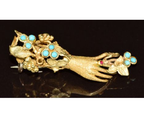 Victorian brooch in the form of a hand and flowers set with faux turquoise and a ruby, 4.6g, 3.5cm