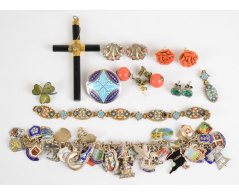 A silver charm bracelet with over thirty eight enamel charms mostly silver 800 or sterling silver (82g), c1900 micro mosaic b
