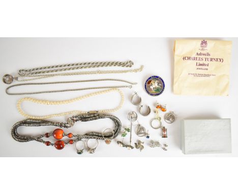 A collection of silver jewellery including four rings, shamrock earrings, three chains/ necklaces, six pairs of earrings, pen