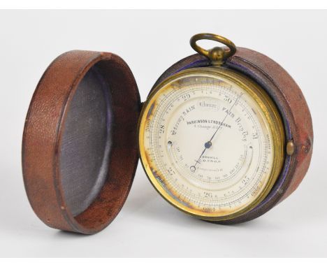 Parkinson &amp; Frodsham large pocket barometer with curved thermometer to dial, in original fitted leather case, height of b