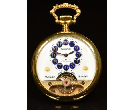 Limit of Switzerland Hebdomas patent keyless winding open faced pocket watch with visible escapement, blued hands, Arabic num