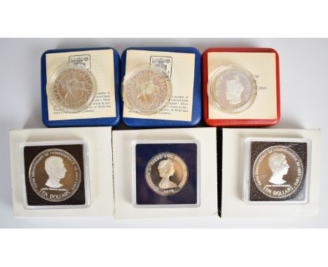 Six cased proof silver coins comprising Turks and Caicos 1979 10 crown, two 1978 Bahamas $10,&nbsp; Bhutan 1979 3 Ngultrum an