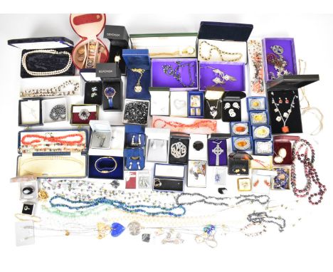 A collection of jewellery including 9ct gold cased watch, cameo brooch, abalone earrings, mother of pearl earrings and neckla