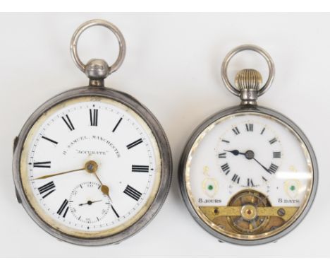 Two silver open faced pocket watches Hebdomas style&nbsp;keyless winding open faced with visible escapement, blued hands, Rom