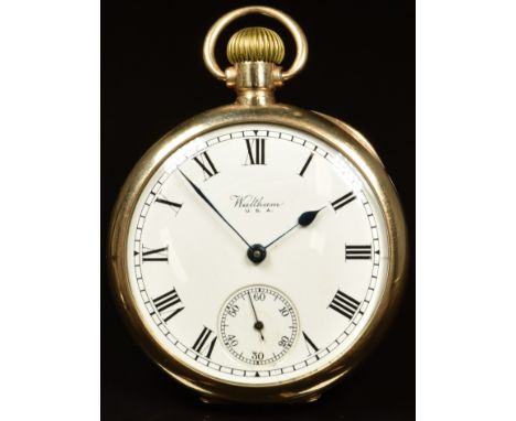 Waltham 9ct gold keyless winding open faced pocket watch&nbsp;with inset subsidiary seconds dial, blued hands, black Roman nu
