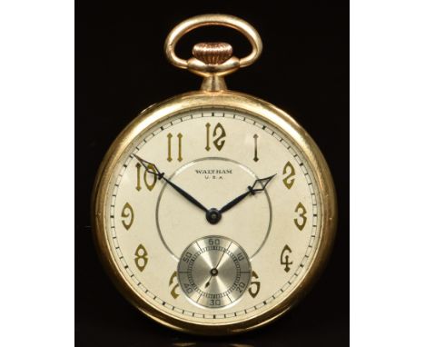 Waltham Art Deco 9ct gold gold keyless winding open faced pocket watch with subsidiary seconds dial, blued hands, gold Arabic