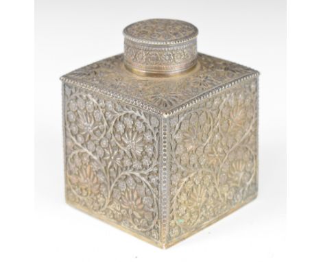 Indian, Kutch, Burmese or similar silver tea caddy with embossed decoration, height 10cm, weight 228g