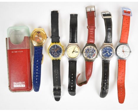 Six Swatch wristwatches comprising Handsome Prince YGG400 in original box, two Irony, Automatic and two chronographs.&nbsp;