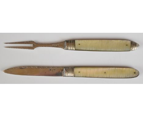 Georgian or William IV hallmarked silver and mother of pearl folding campaign knife and fork, both with lion passant and duty