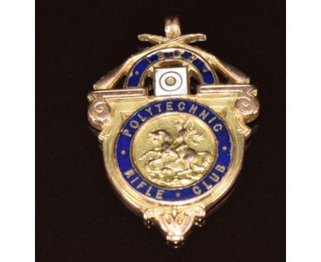 A 9ct gold medallion for 'Polytechnic Rifle Club 1908' with enamel decoration, engraved verso 'championship winner C.W. Harve
