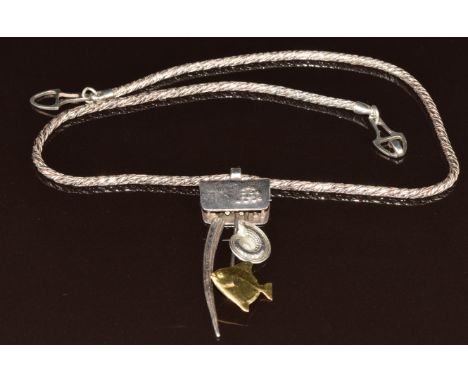 Alan Vallis Gloucestershire Guild of Craftsmen white and yellow metal necklace in the form of a fish, shell and narwhal tusk,