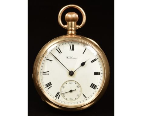 Waltham 9ct gold keyless winding open faced pocket watch&nbsp;with inset subsidiary seconds dial, blued hands, black Roman nu