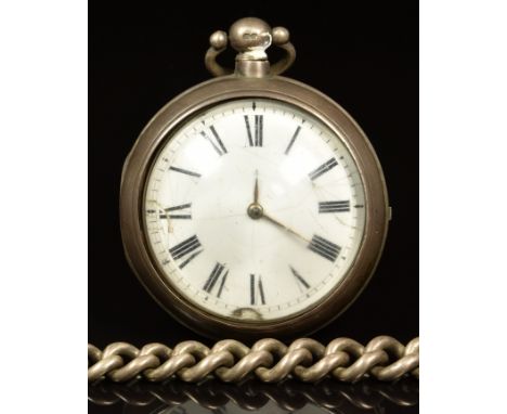 R &amp; M Camm of Stroud hallmarked silver open faced pair cased pocket watch with gold hands, black Roman numerals, white en