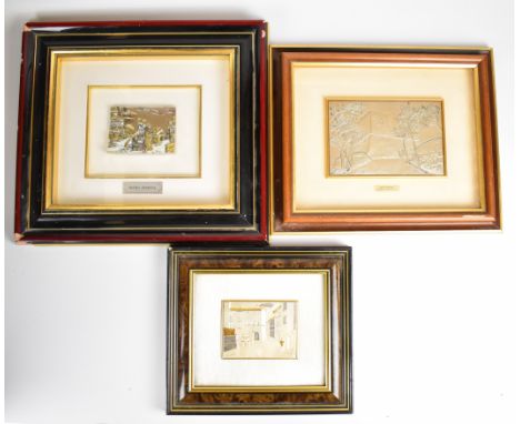 Three Italian silver relief pictures comprising Roma Sparita, Castello Monforte and a steel scene, all with Italian silver or