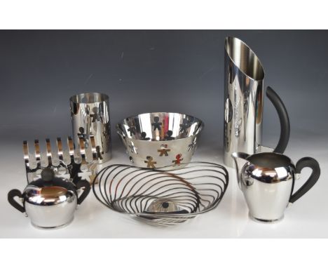 Eight pieces of Alessi mid century / modernist stainless steel designer metalware comprising two jugs, toast rack, utensil po