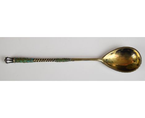 Ukrainian/ Russian silver gilt and enamel spoon with 84 grade silver marks, maker&nbsp;Aleksandr Kazimovich Vyrzhikovsky of K