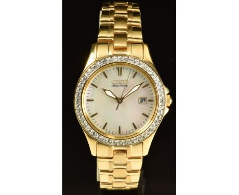 Citizen Eco-Drive ladies wristwatch ref. ED11-S081581 with date aperture, luminous hands, mother of pearl dial, gem set bezel