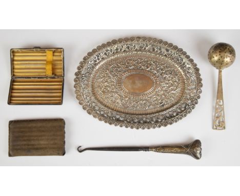 Indian, Burmese or similar silver embossed tray, length 19cm, hallmarked silver handled Art Nouveau button hook, tea strainer