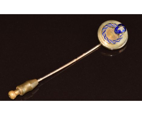 Victorian yellow metal stick pin set with blue enamel and an old cut diamond, 5.5g, 7.5cm
