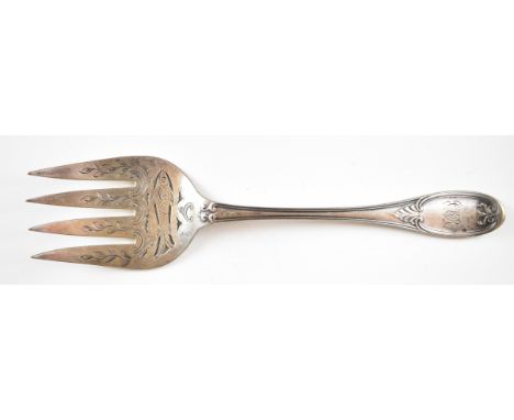 Victorian hallmarked silver fish serving fork with engraved and pierced decoration of a fish, London 1860, maker Chawner & Co