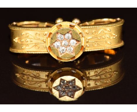 A c1900&nbsp;Etruscan Revival 15ct gold scarf clip set with old cut diamonds, 7.2g, 3cm
