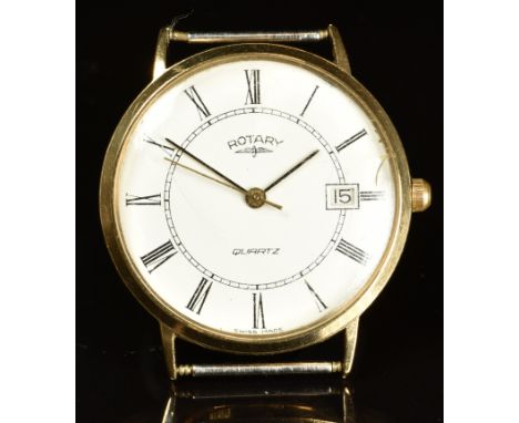 Rotary 9ct gold gentleman's wristwatch with date aperture, black hour and minutes hands, gold centre seconds hand, black Roma