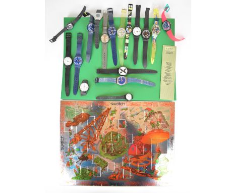 Seventeen Swatch wristwatches including Jelly Fish, XX-Rated Black SUOB402, Traffic Jam GB412 etc, together with a Swatch adv