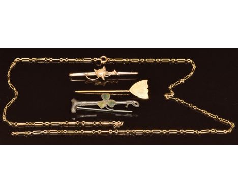 A 9ct gold chain (2.7g, damaged), 9ct gold brooch (damaged), yellow metal stick pin and a silver brooch set with Connemara ma