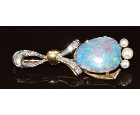 An 18ct gold and palladium brooch set with an opal doublet, diamonds and pearls, 6.4g, 4.6cm