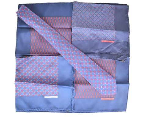 Three Herm&egrave;s silk pocket squares or handkerchiefs, one with matching Hermes silk tie, approximately 45 x 45cm