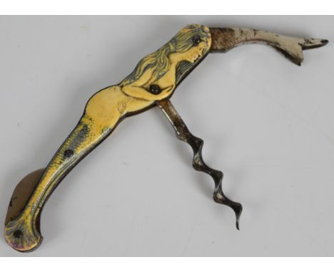German novelty corkscrew and bottle opener in the form of a mermaid, stamped to the shank 'G Geschutzt', 11cm long.&nbsp;