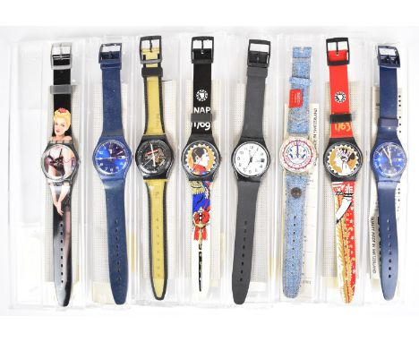 Eight Swatch wristwatches including Aiglette GB159, Just Blue GN715, Blackliner GB161, Lolita GM128, Red Tag GK190, Just Blue