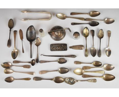 Georgian and later hallmarked silver cutlery, mainly teaspoons, hallmarked silver dressing table pot lid, hallmarked silver c