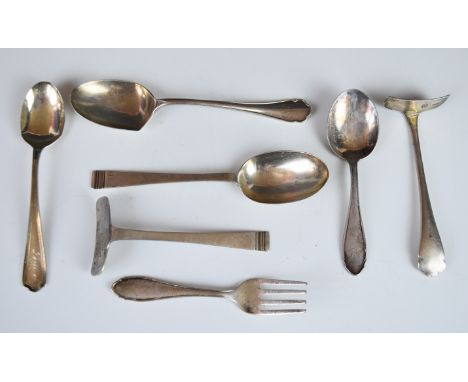 Silver christening cutlery including spoons, pushers and a fork, most hallmarked, two items marked 800, length of longest 15.
