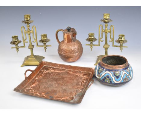 John Pearson Arts &amp; Crafts / Art Nouveau twin handled copper motto tray, hammered copper Guernsey cream jug, enamelled bo