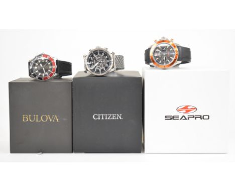 Three gentleman's wristwatches Citizen Eco-Drive chronograph ref. B620-S097240 with date aperture, luminous hands and hour ma