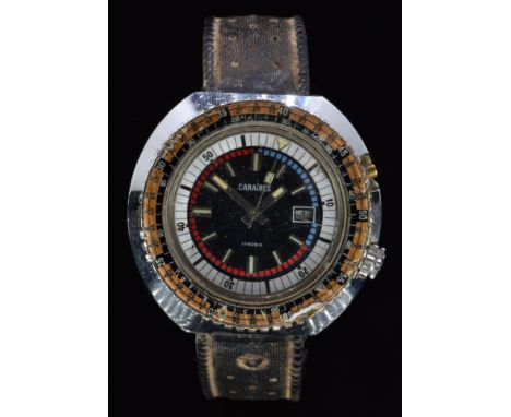 Caraibes gentleman's diver's wristwatch with date aperture, luminous hands and hour markers, black, blue and red dial, black 