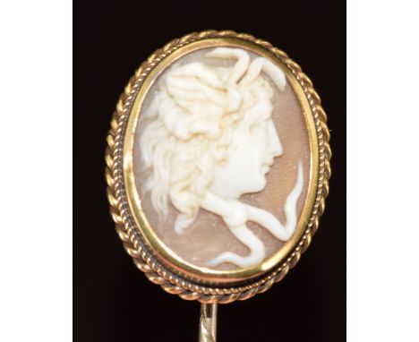 Victorian yellow metal stick pin set with a cameo of Medusa, 4.6g, 2.2 x 1.9cm