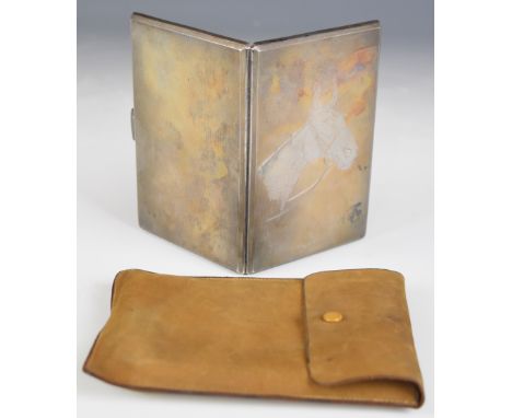 George VI hallmarked silver cigarette case with engine turned decoration and etched horse's head, Birmingham 1938, maker&nbsp